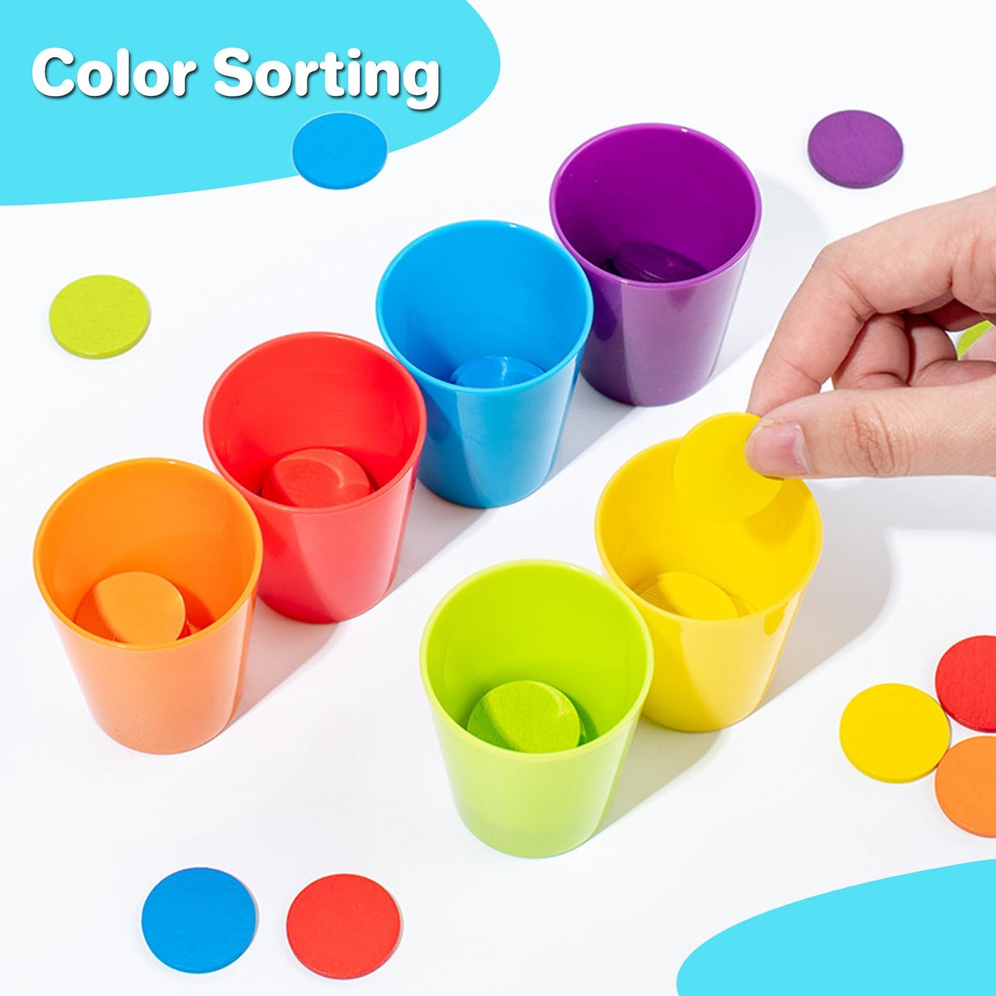 iKeelo Stacking Cups for Party Game, Color Sorting Toys with 60PCS Wooden Coins Color Matching Game Montessori Toys for 3 4 5 Years Old