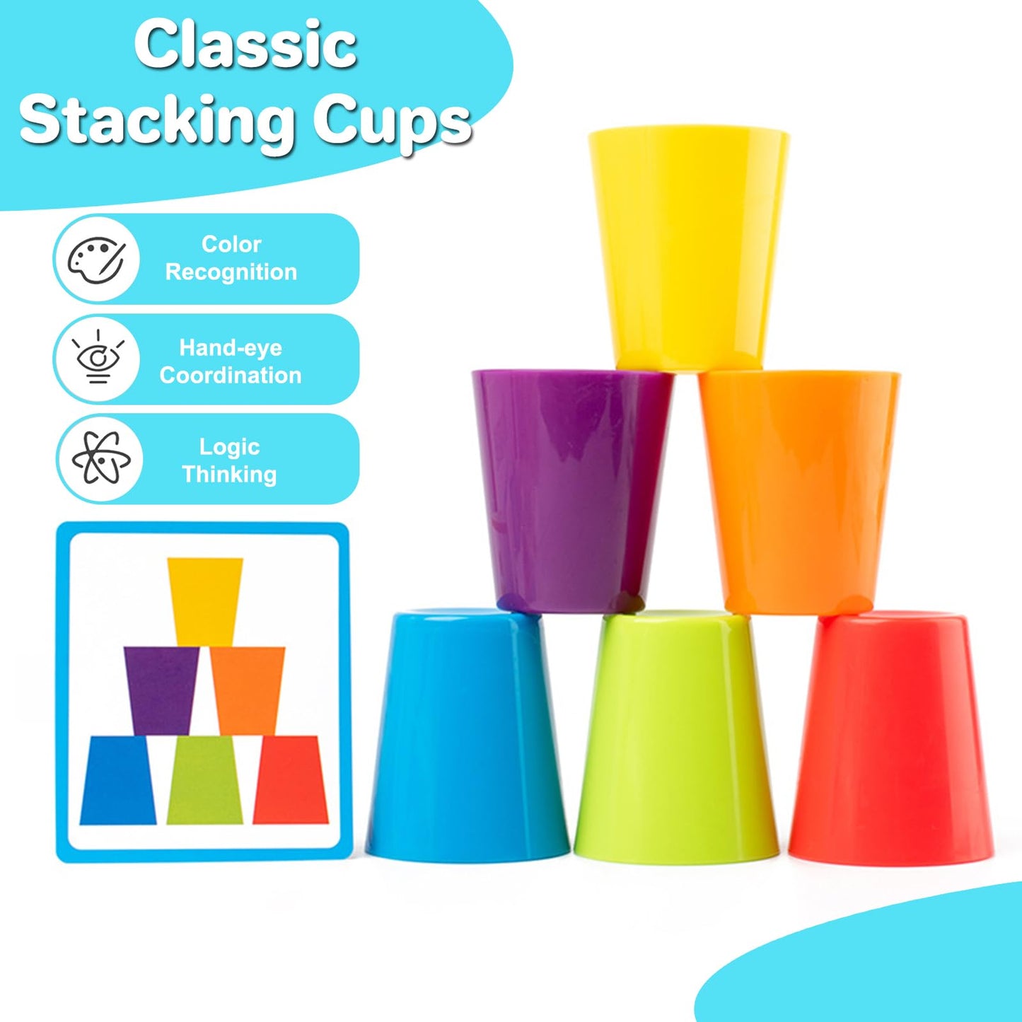 iKeelo Stacking Cups for Party Game, Color Sorting Toys with 60PCS Wooden Coins Color Matching Game Montessori Toys for 3 4 5 Years Old