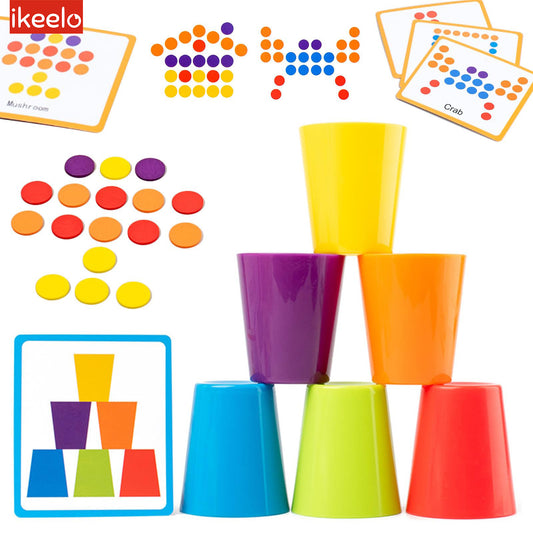 iKeelo Stacking Cups for Party Game, Color Sorting Toys with 60PCS Wooden Coins Color Matching Game Montessori Toys for 3 4 5 Years Old