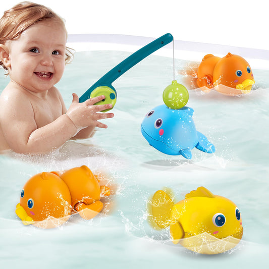 iKeelo Water Toys for Baby, Magnetic Fishing Games Kids Bathtub Toys, Mold Free Wind-up Toys Swimming Fish Duck Whale Floating Water Toys for Kids Baby Infant