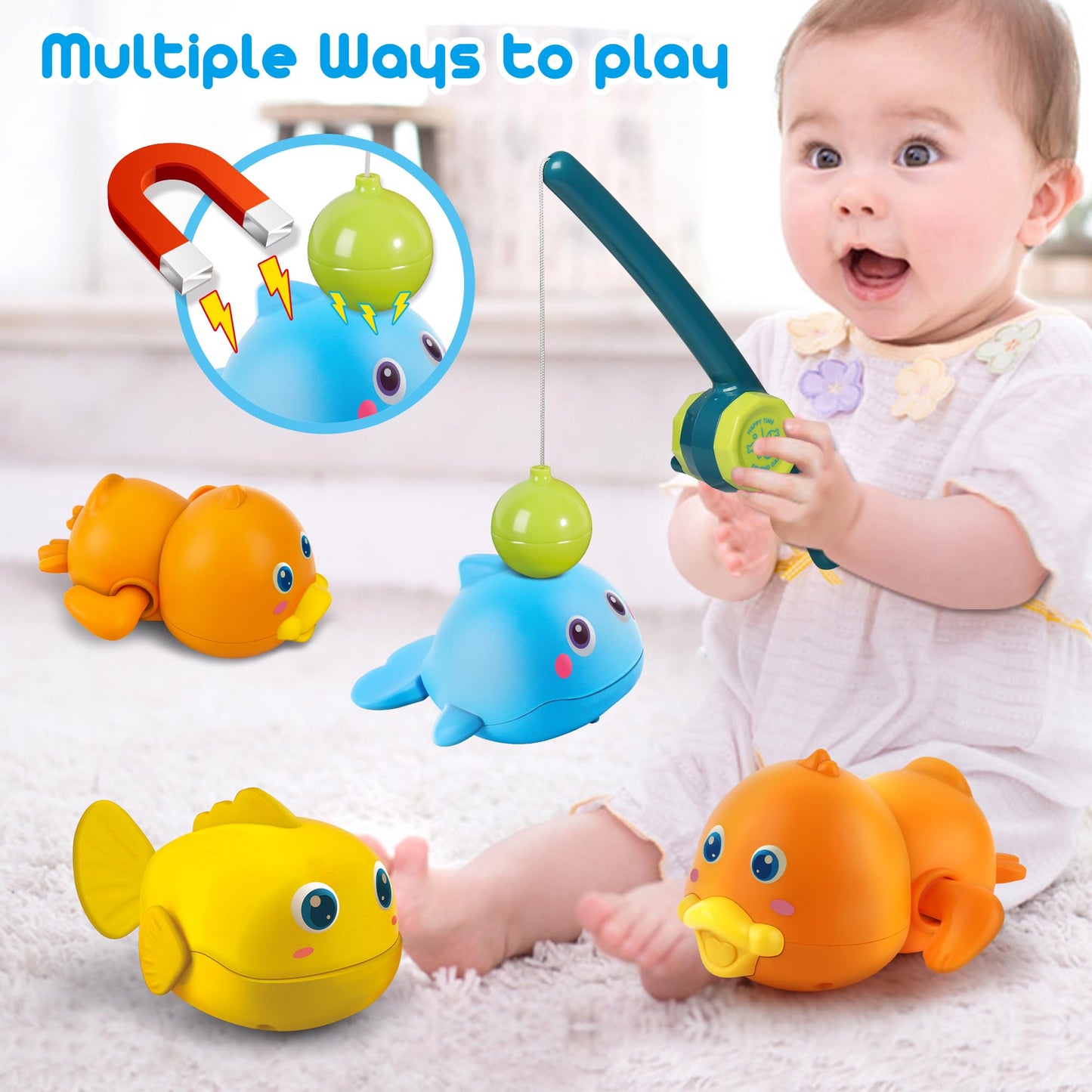 iKeelo Water Toys for Baby, Magnetic Fishing Games Kids Bathtub Toys, Mold Free Wind-up Toys Swimming Fish Duck Whale Floating Water Toys for Kids Baby Infant