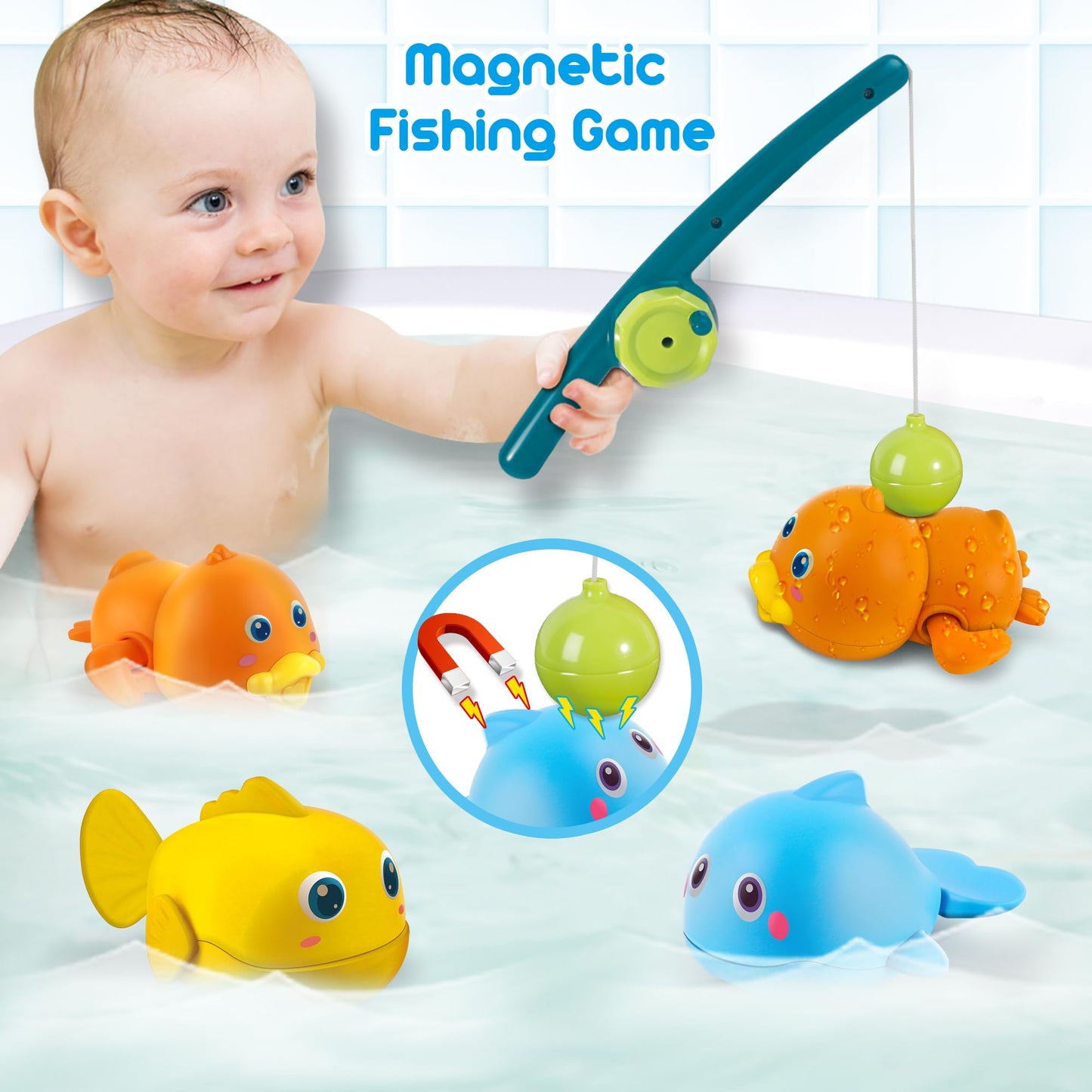 iKeelo Water Toys for Baby, Magnetic Fishing Games Kids Bathtub Toys, Mold Free Wind-up Toys Swimming Fish Duck Whale Floating Water Toys for Kids Baby Infant